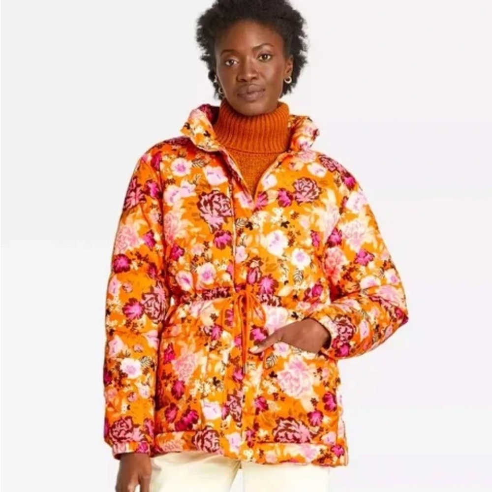 Who What Wear for Target Orange Floral Puffer Jacket
